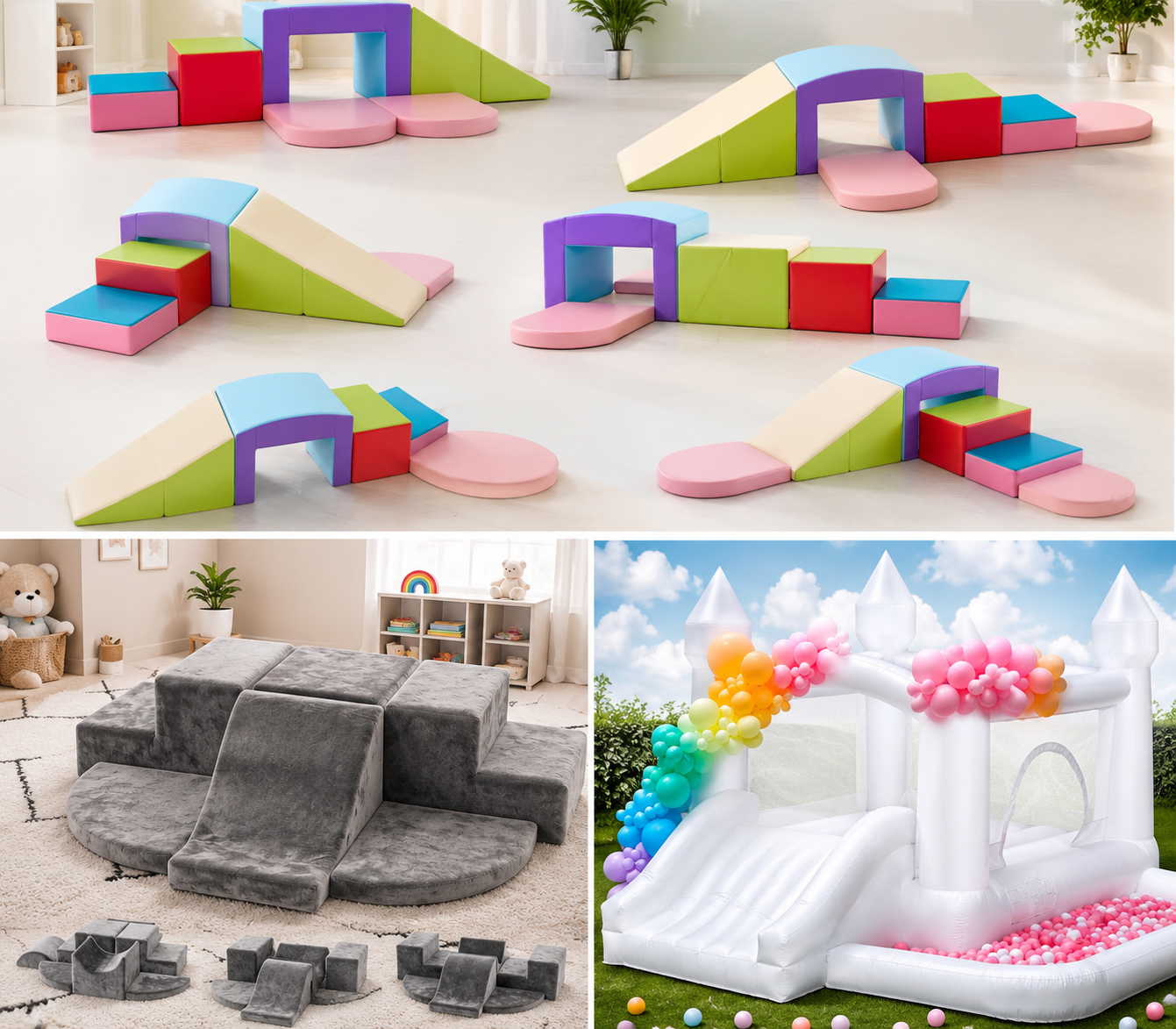 Soft play foam climbing sets, velvet block set, and white bounce house with ball pit